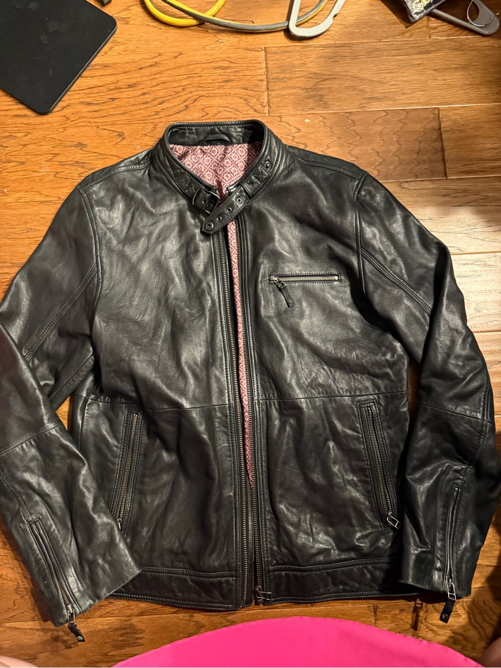 Ted Baker(large) men’s 100% Black Leather Jacket with Burgundy Shearling Trim